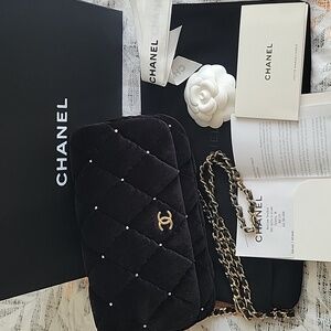Chanel Black Velvet Quilted Clutch with Champagne Gold Chain And Crystals